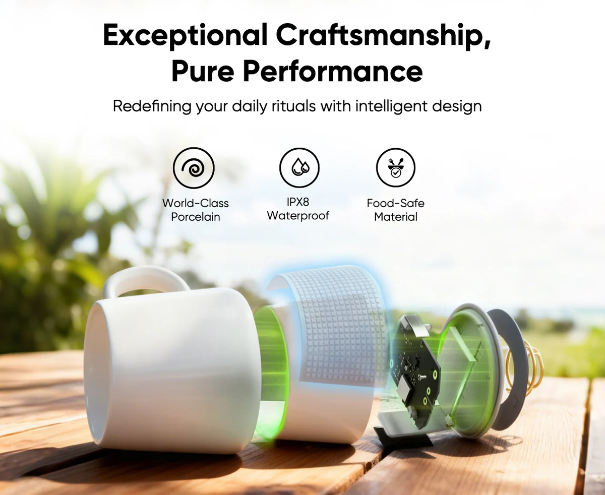 PixelMug P1 结构爆炸图，展示瓷杯体与屏幕模组