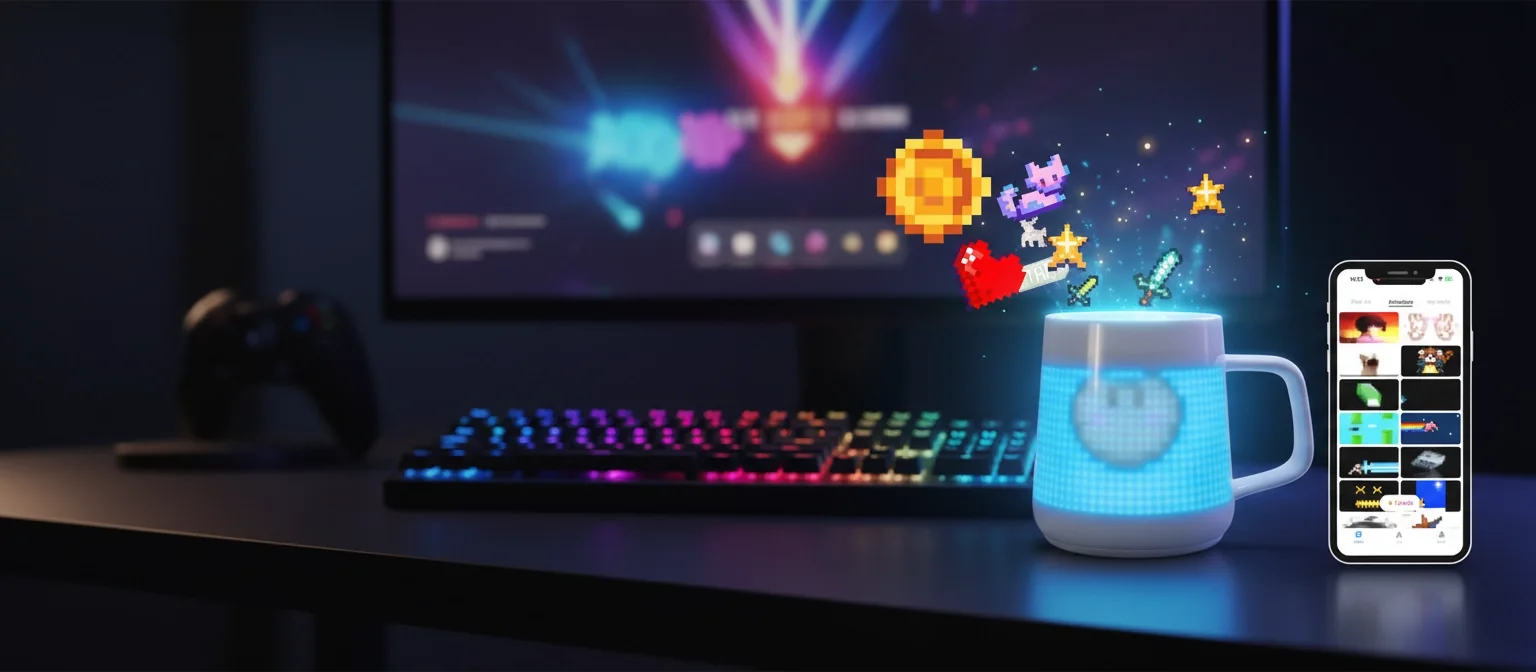 游戏桌面上的 PixelMug P1 像素杯