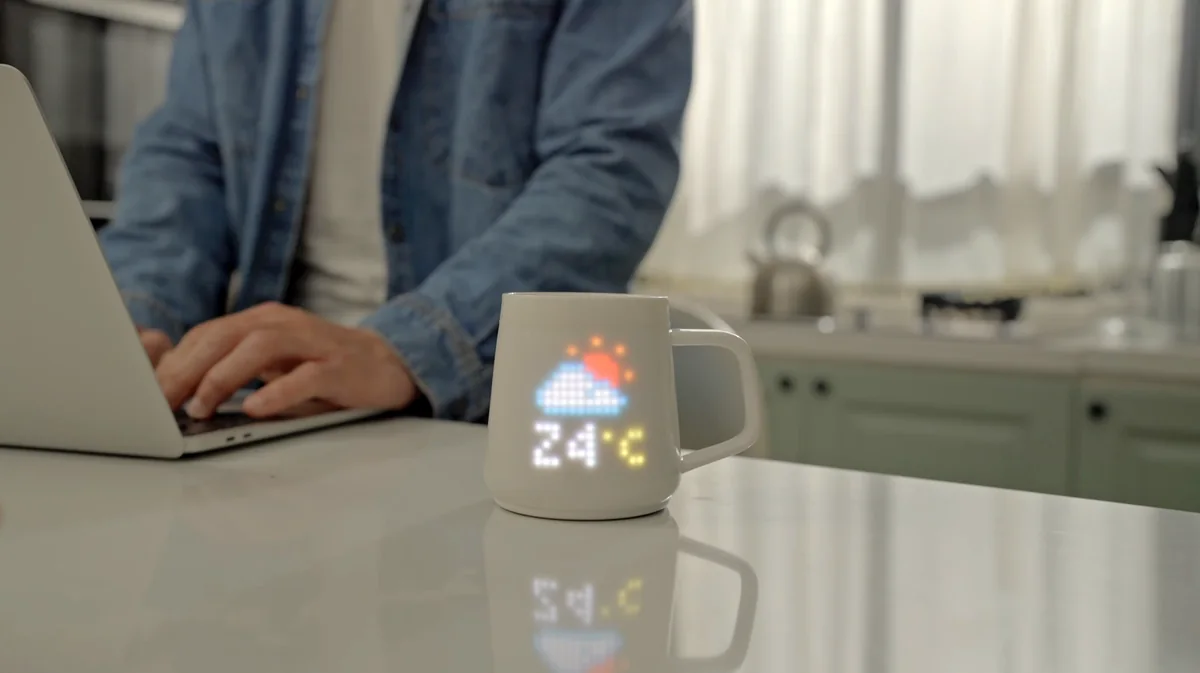 办公场景中 PixelMug P1 显示时钟与信息