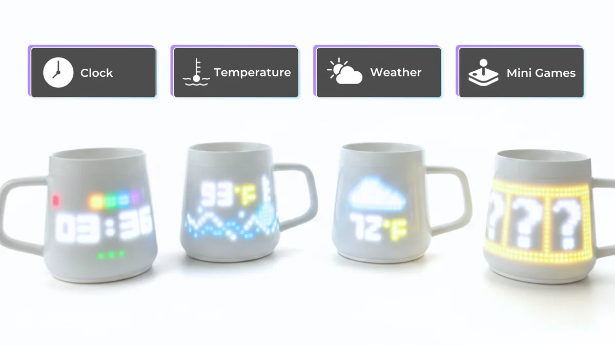 PixelMug P1 多种显示模式：时钟、天气、温度、游戏
