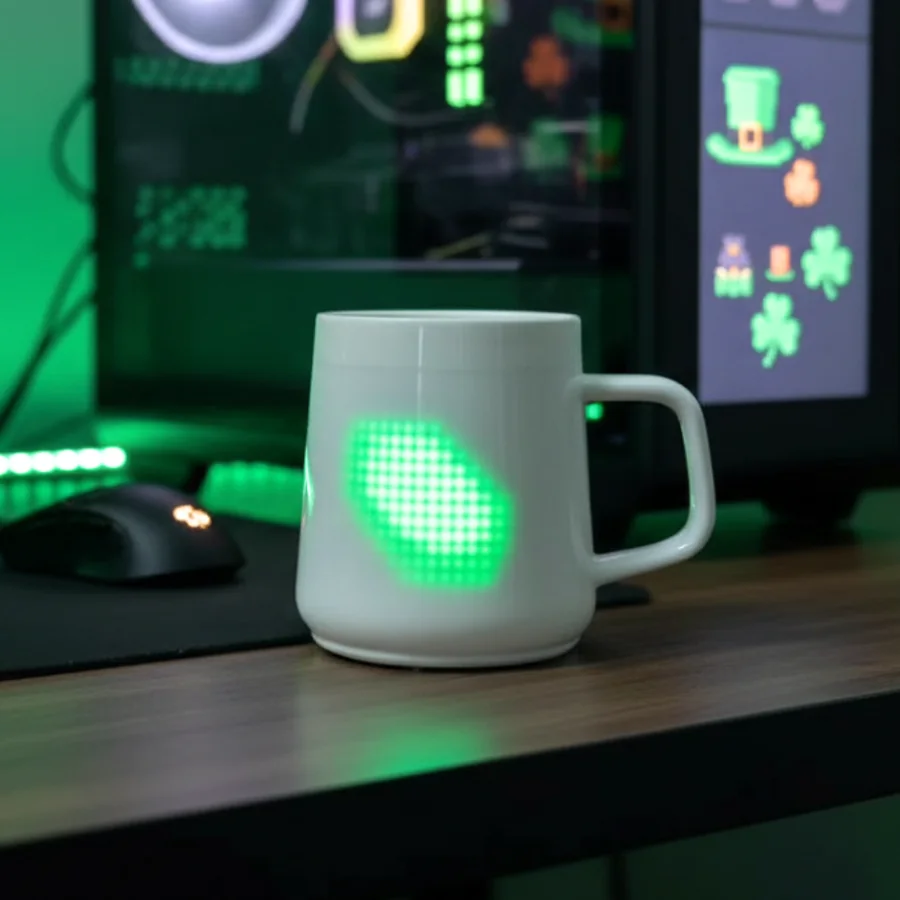 PixelMug P1 在游戏桌搭场景中亮起像素图案